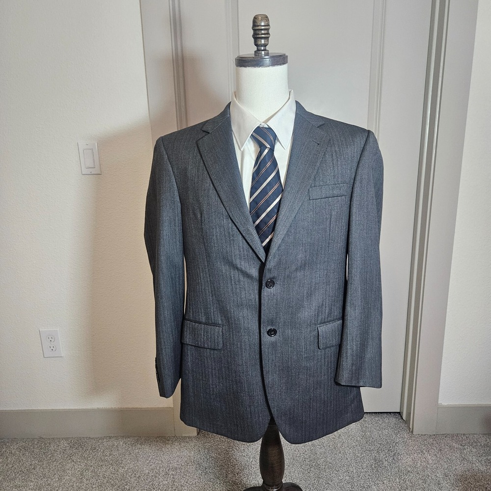 Jos A Bank Men's Suit Blazer 39R 100% Wool 2-Button Zigzag Pattern‎ Gray - EUC